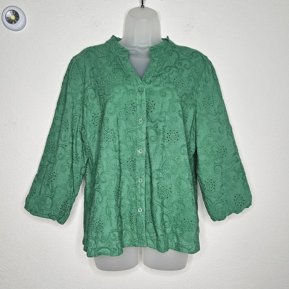 Soft Surroundings 100% Cotton Boho Embroidered Green Eyelet Puff Sleeve Blouse